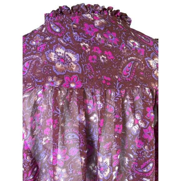 Ulla Johnson Blouse Size Medium Floral Print Tie Neck Ruffle Silk Magenta Pink - Picture 6 of 9